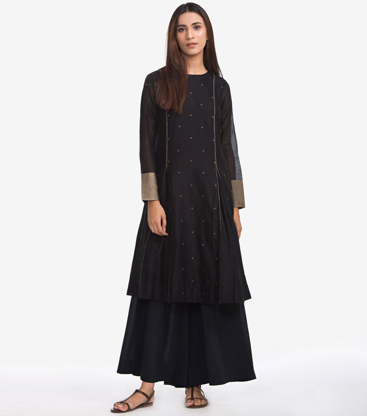 Black Zari Embroidered Chanderi Kurta & Cotton Pants Set