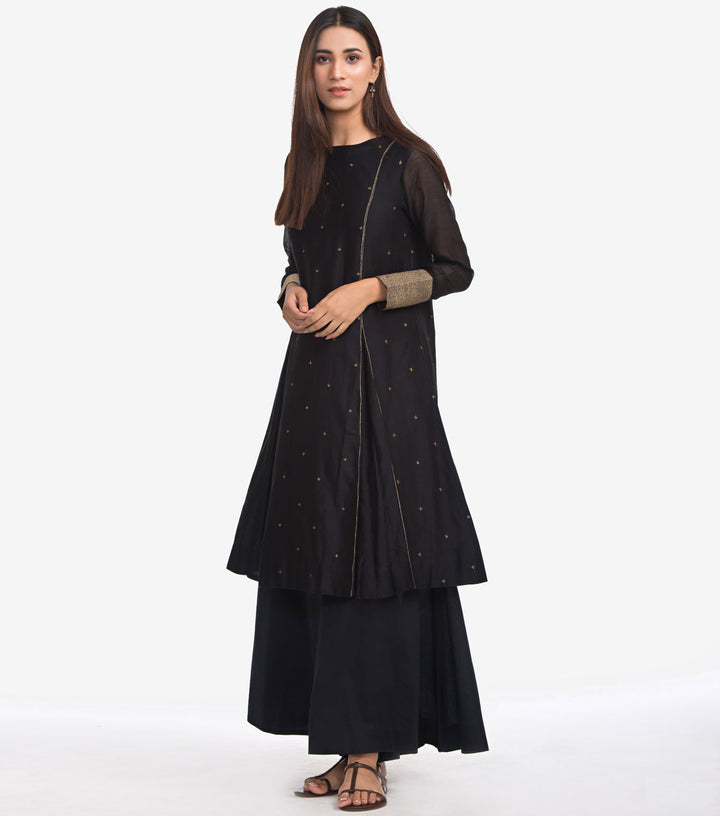 Black Zari Embroidered Chanderi Kurta & Cotton Pants Set