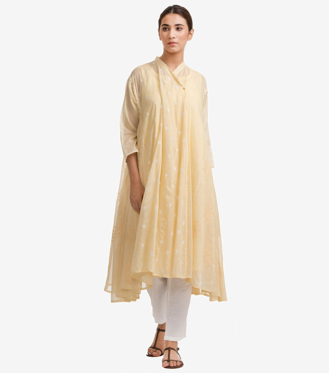 Yellow Embroidered Cotton Choga