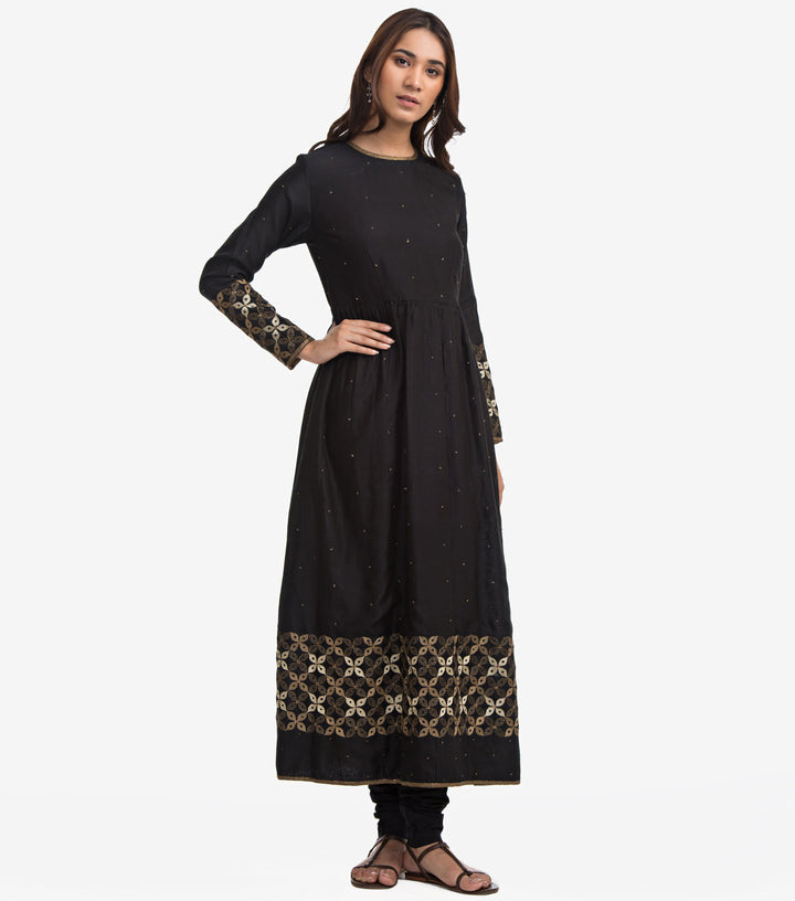 Black Embroidered Flared Chanderi Kurta