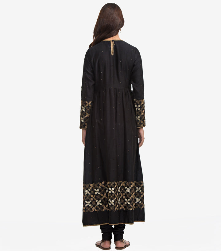 Black Embroidered Flared Chanderi Kurta