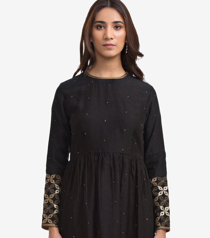 Black Embroidered Flared Chanderi Kurta