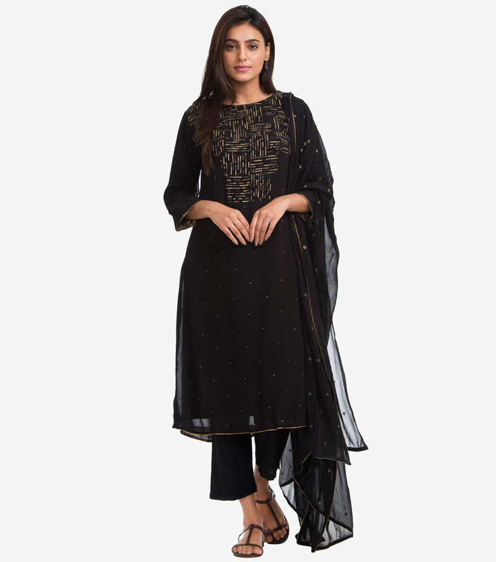 Black Georgette Embroidered Suit Set