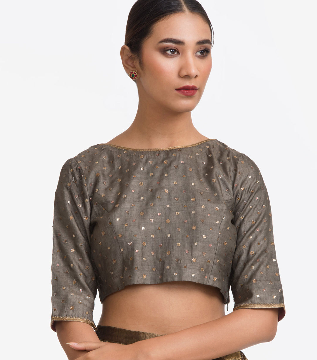 Grey Embellished Silk Blouse