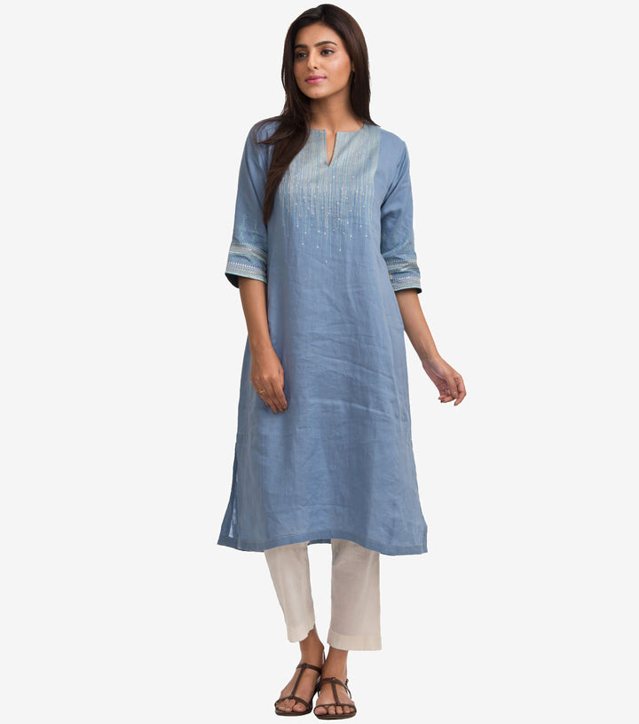 Blue Linen Embroidered Kurta