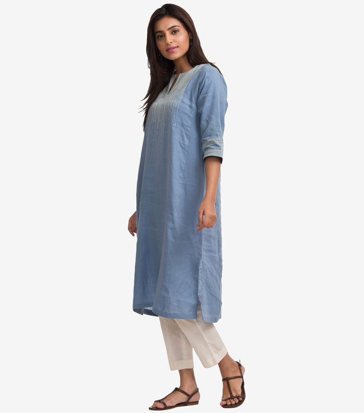 Blue Linen Embroidered Kurta