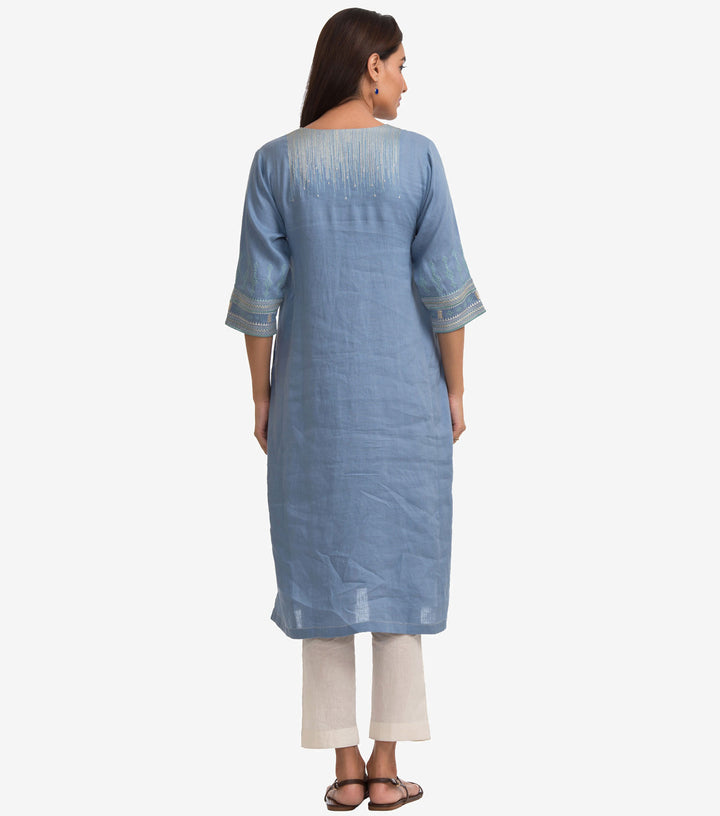 Blue Linen Embroidered Kurta