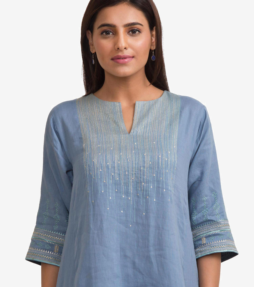 Blue Linen Embroidered Kurta