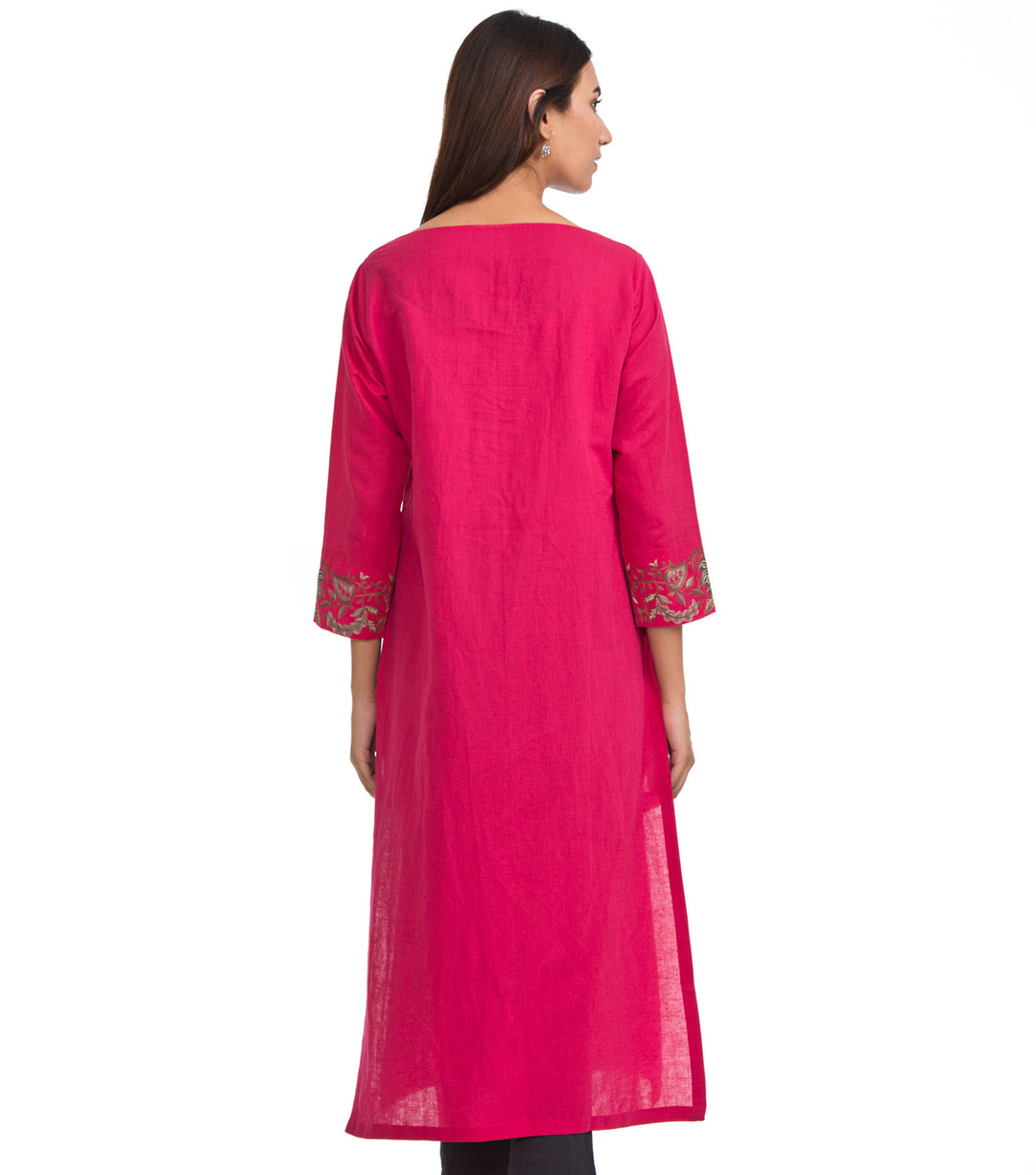 Pink embroidered linen kurta