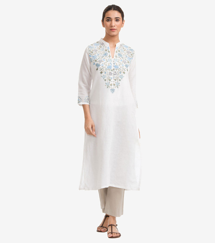 White Cotton Linen Embroidered Kurta