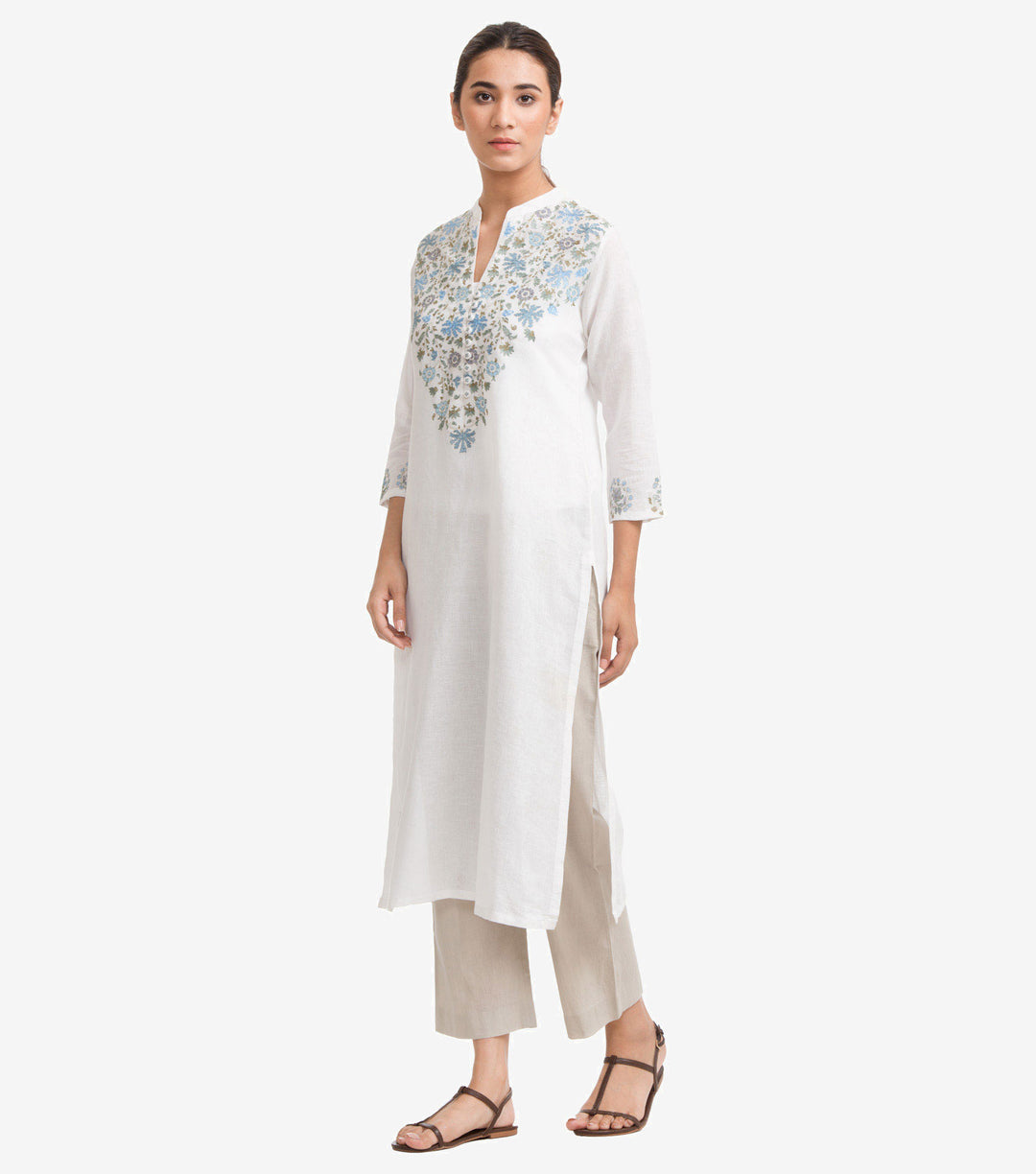 White Cotton Linen Embroidered Kurta