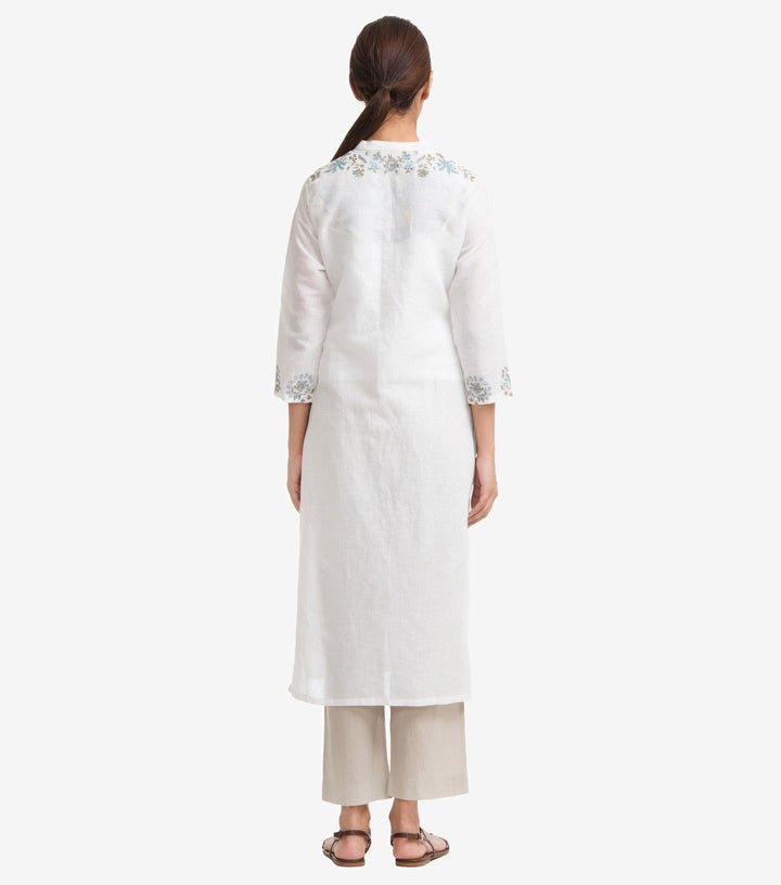 White Cotton Linen Embroidered Kurta