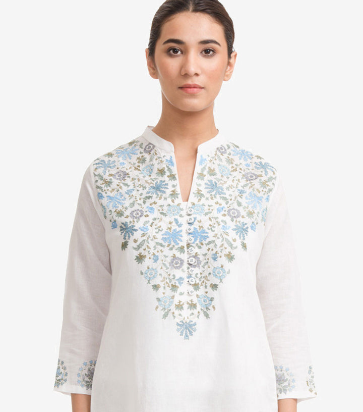 White Cotton Linen Embroidered Kurta