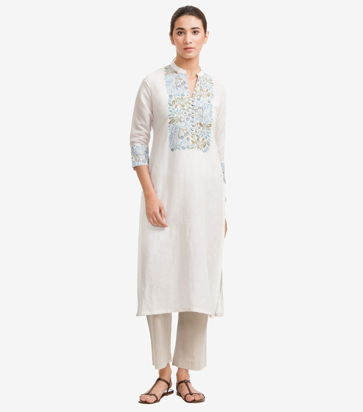 White Cotton Linen Embroidered Kurta