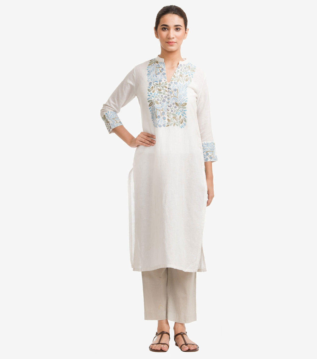 White Cotton Linen Embroidered Kurta