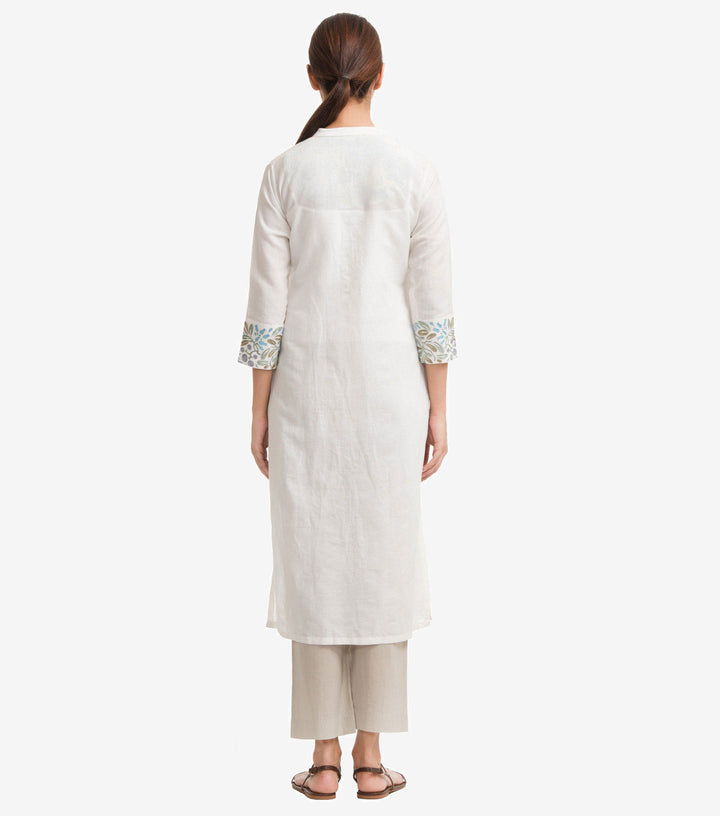 White Cotton Linen Embroidered Kurta