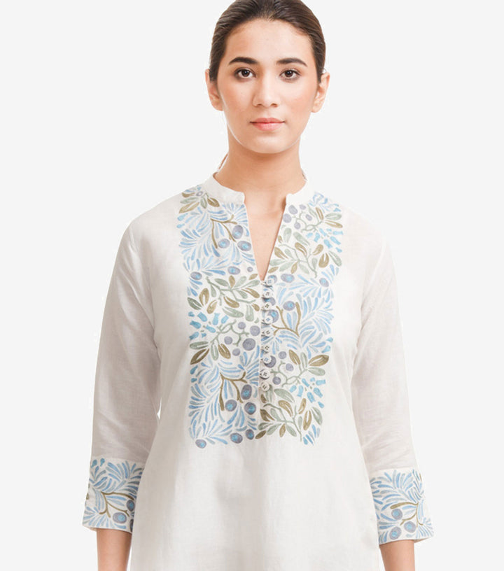 White Cotton Linen Embroidered Kurta