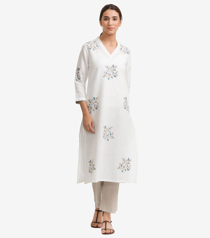 White Cotton Linen Floral Detail Kurta