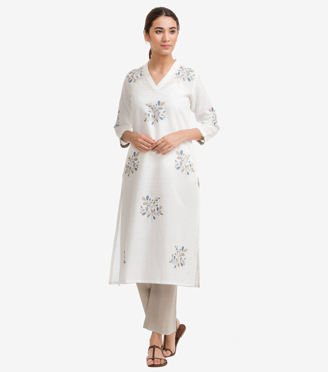 White Cotton Linen Floral Detail Kurta