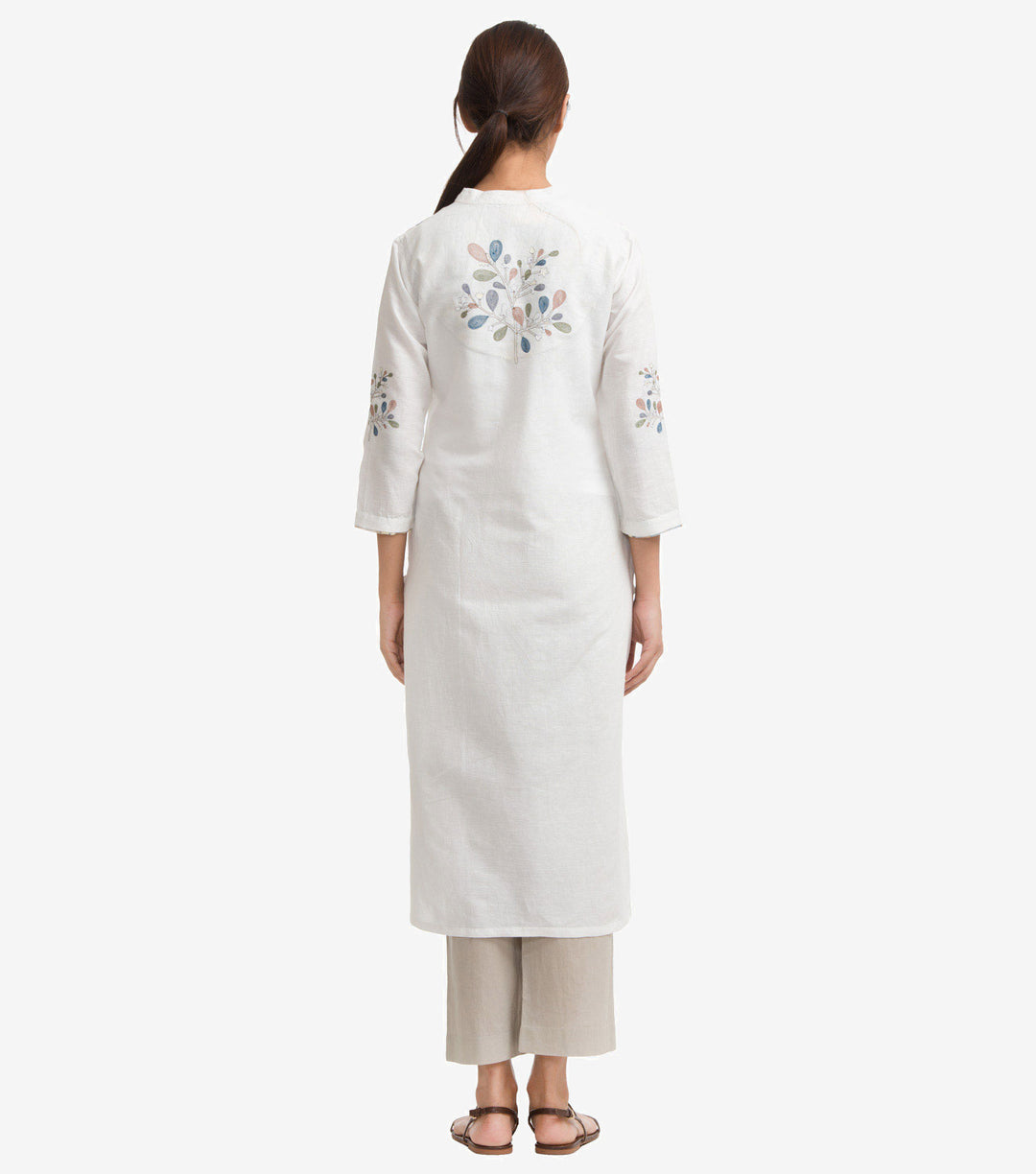 White Cotton Linen Floral Detail Kurta