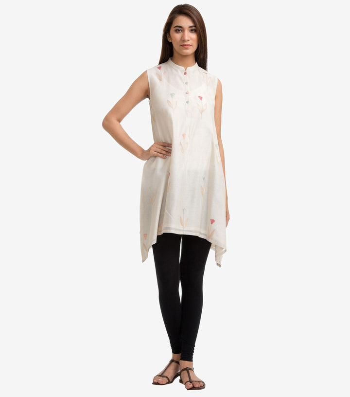 White Floral Embroidered Chanderi Tunic