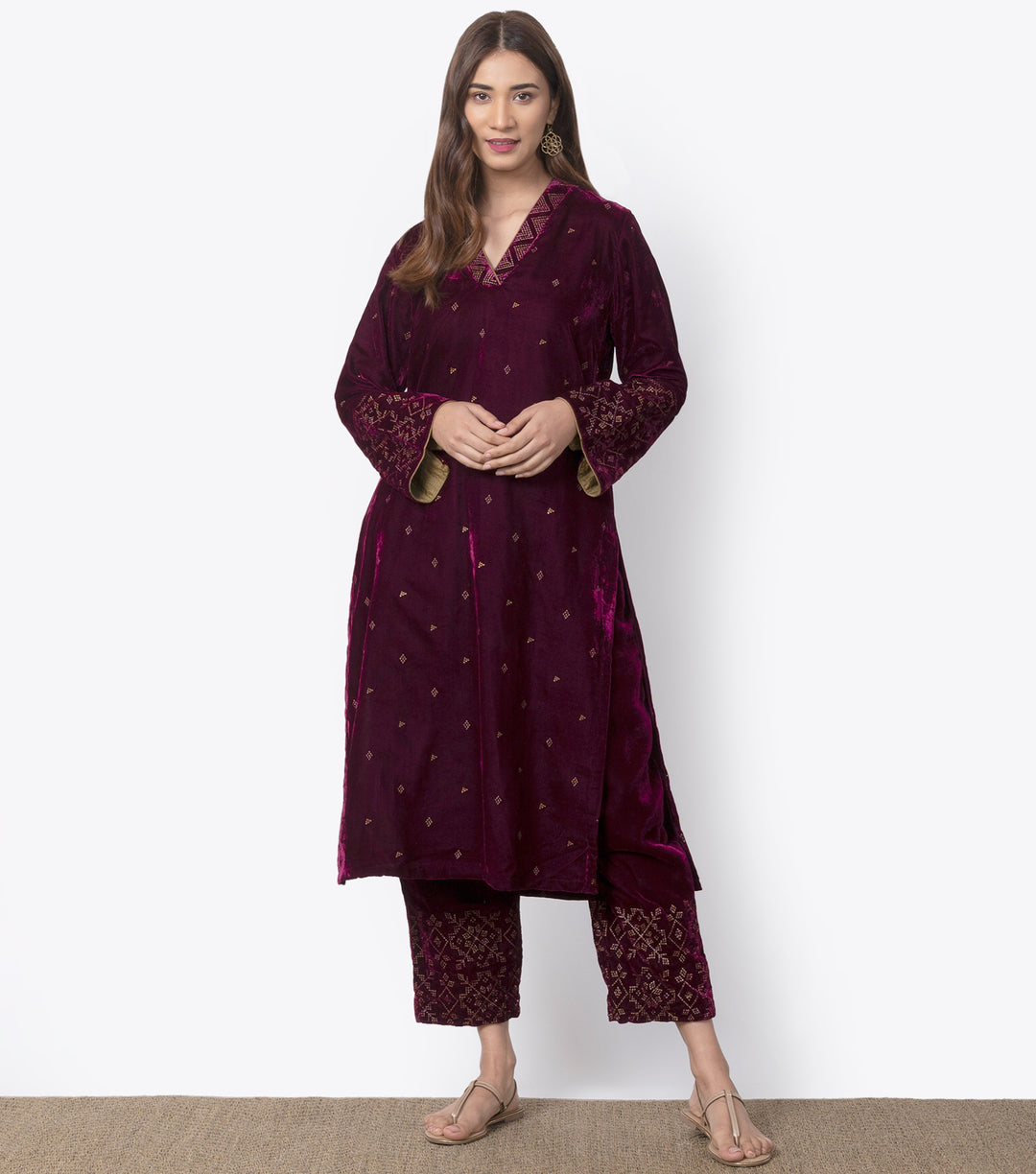 Wine Velvet embroidered suit Set