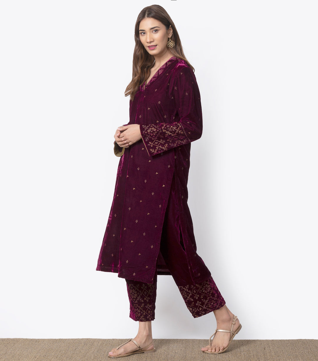 Wine Velvet embroidered suit Set