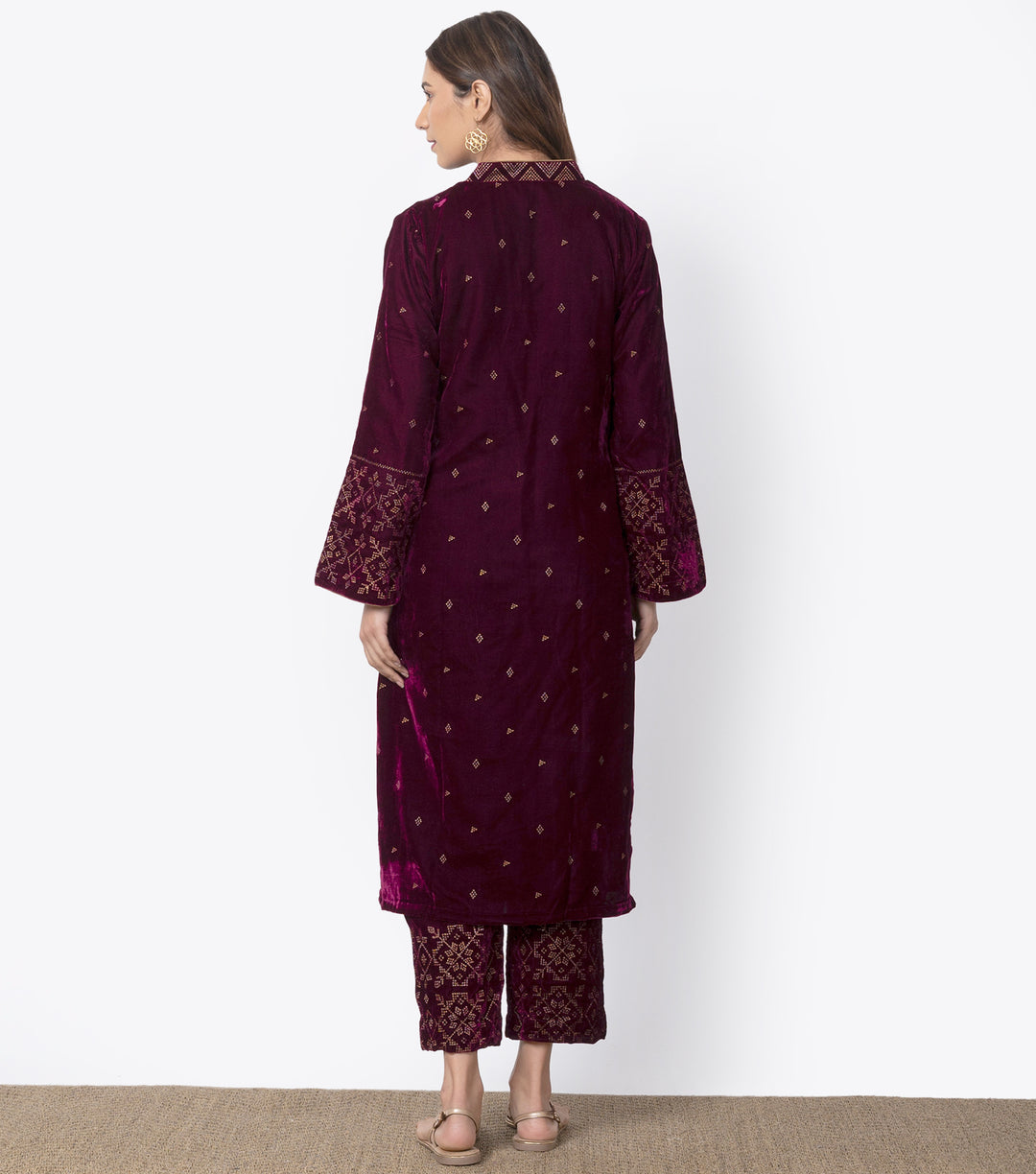 Wine Velvet embroidered suit Set