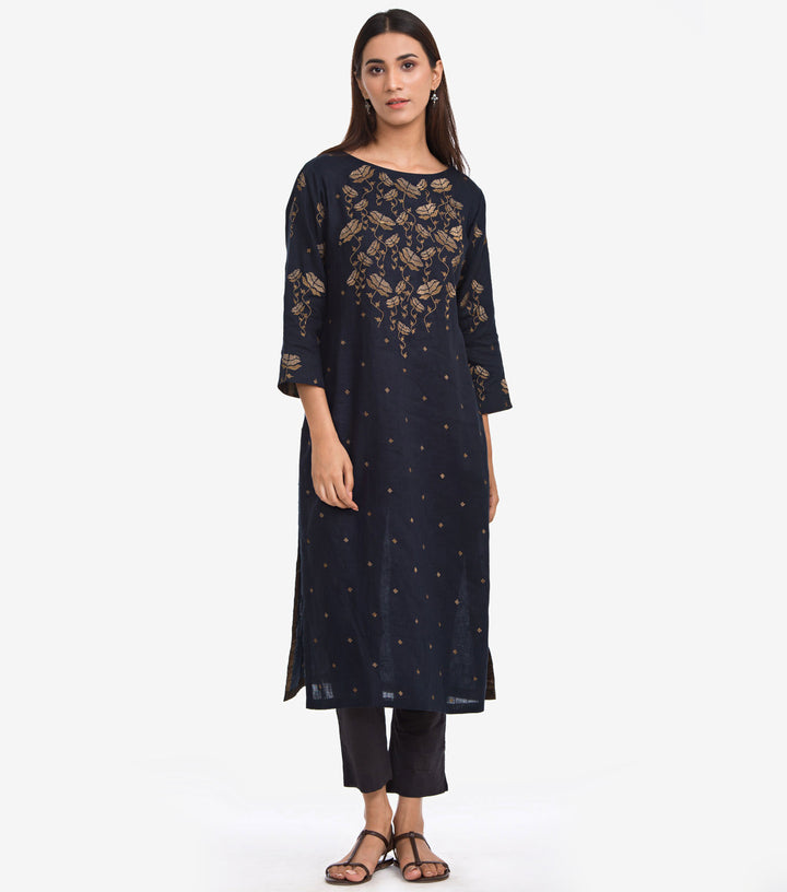 Navy Blue Embroidered Linen Suit Set