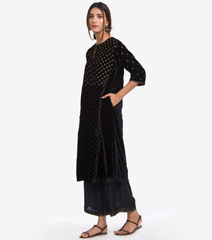 Black Velvet Zari Embroidered Kurta & Viscose Palazzo Pants Set