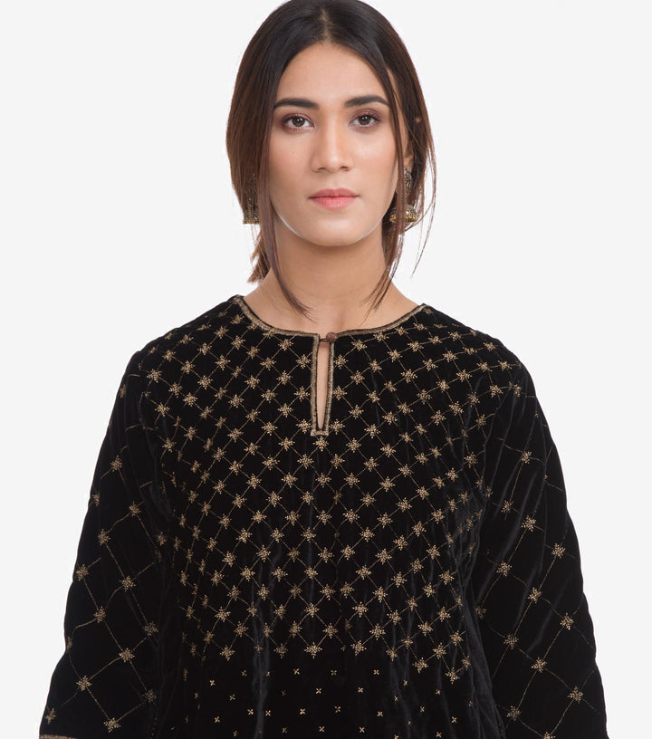 Black Velvet Zari Embroidered Kurta & Viscose Palazzo Pants Set