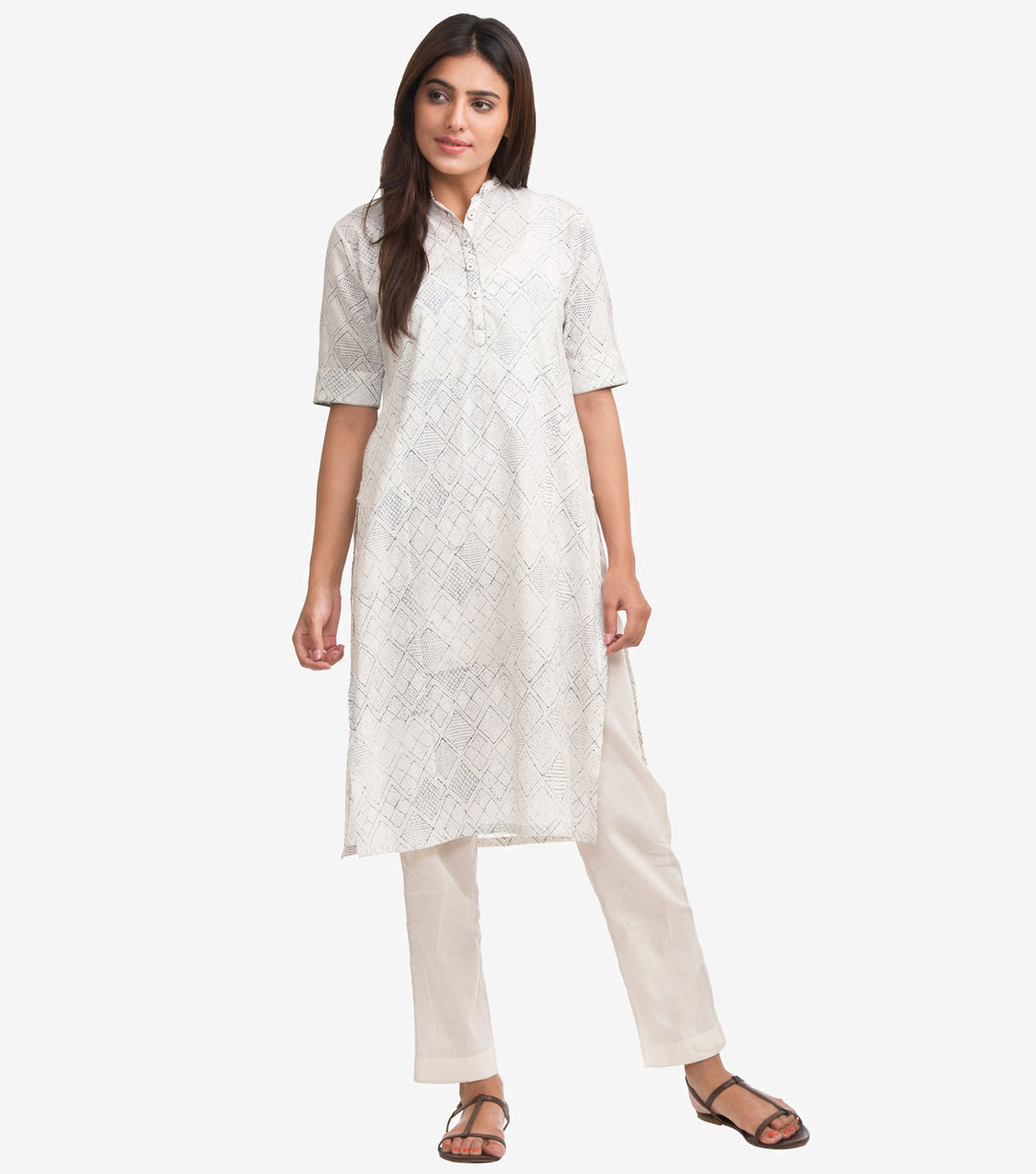 White Printed Straight Cambric Kurta