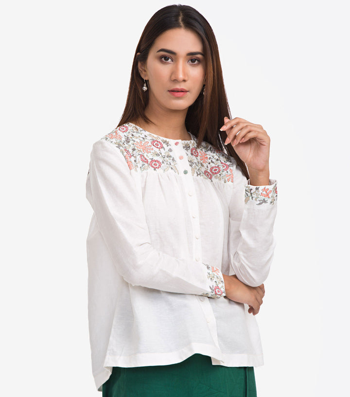 White Linen Embroidered Top