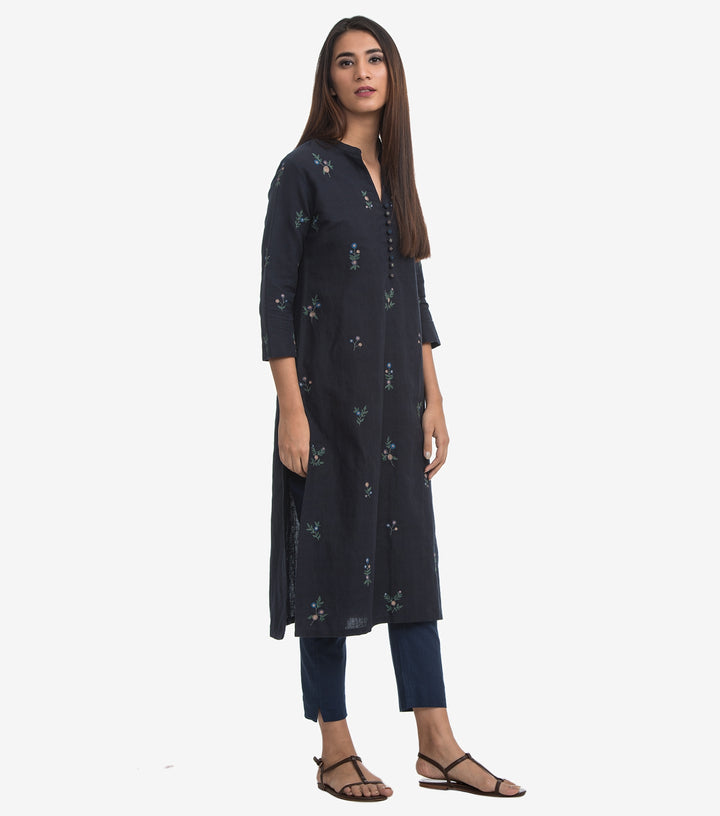 Blue embroidered Cotton Kurta