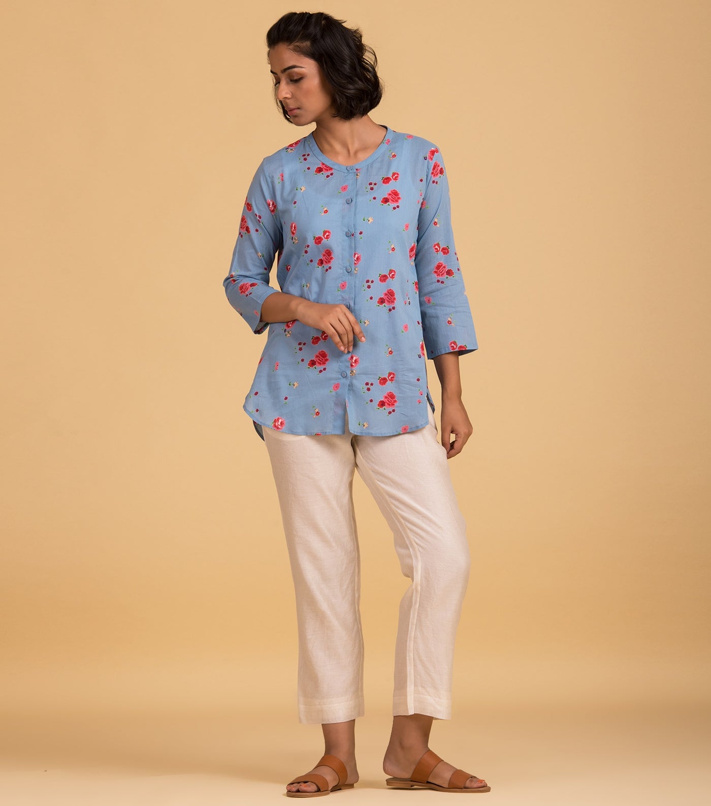 Floral printed blue cotton shirt