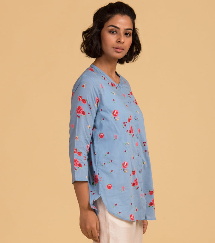 Floral printed blue cotton shirt