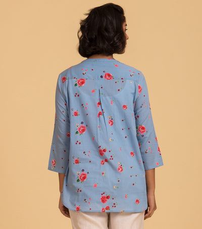 Floral printed blue cotton shirt