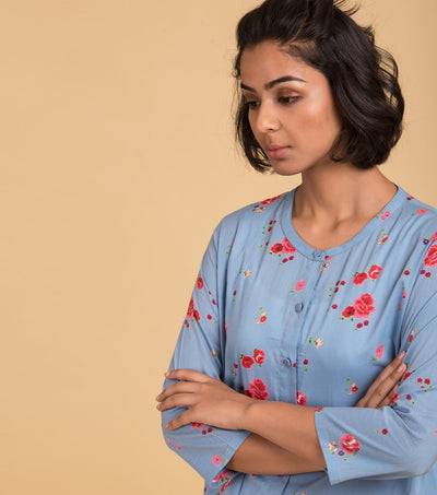 Floral printed blue cotton shirt