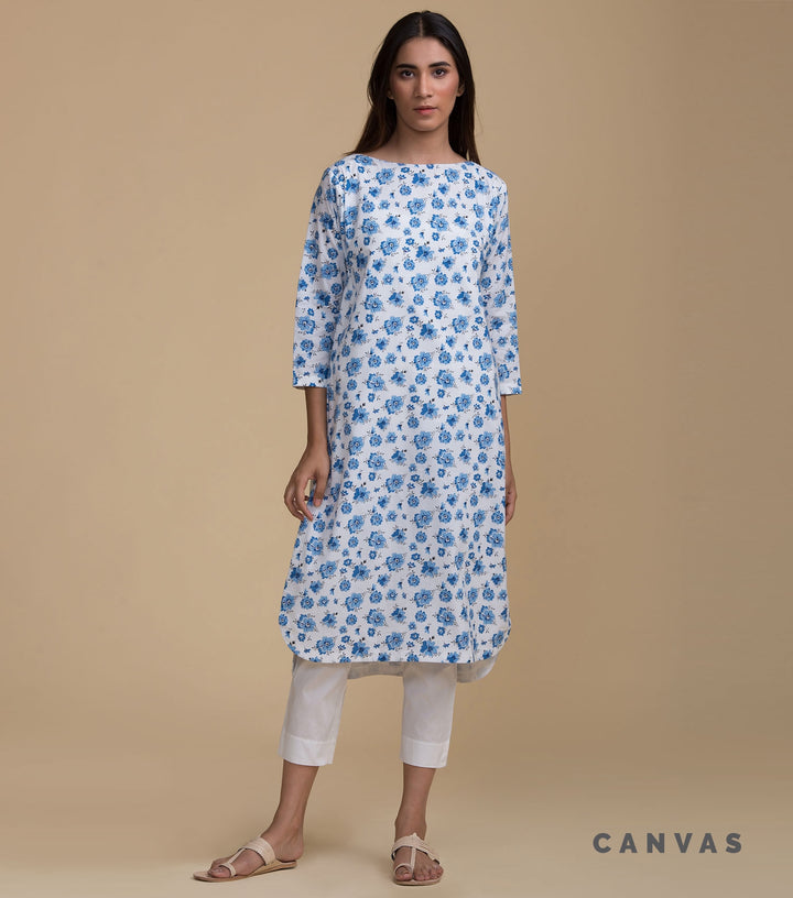 White floral cotton kurta