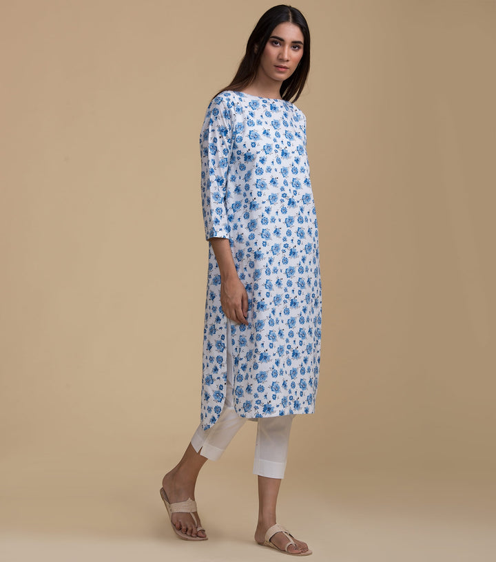 White floral cotton kurta