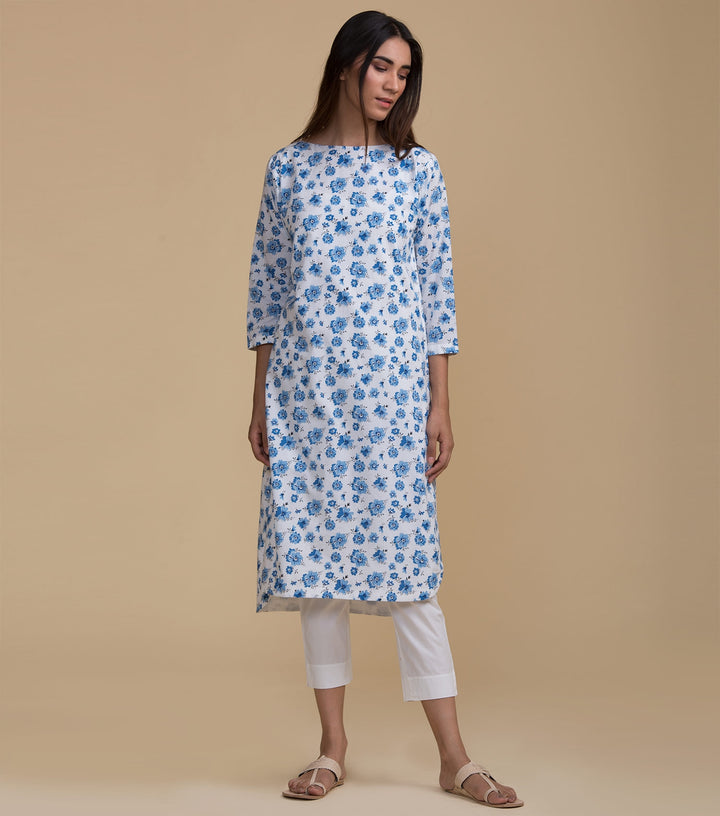 White floral cotton kurta