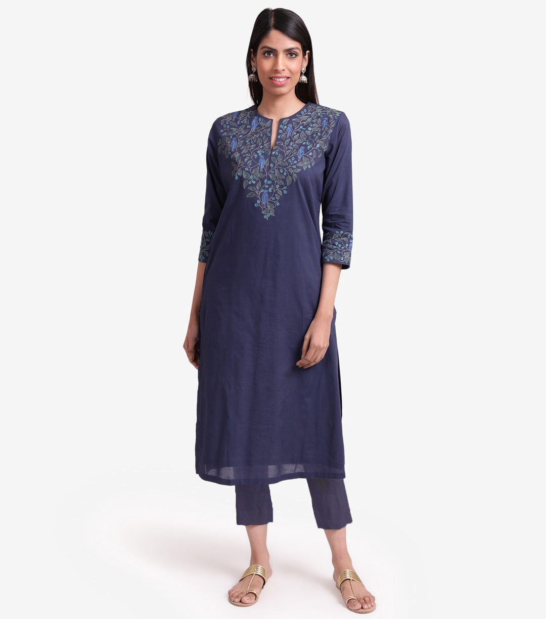 Blue Embroidered Cotton Kurta Set