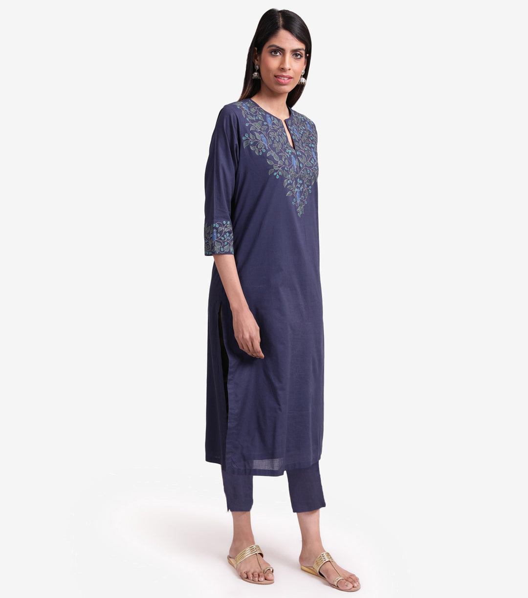 Blue Embroidered Cotton Kurta Set