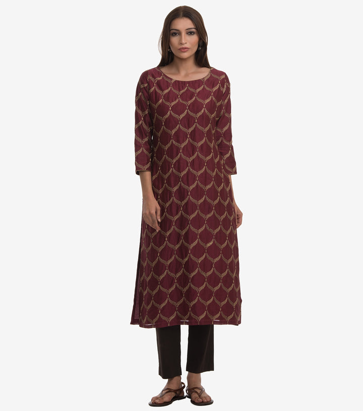 Maroon Silk Embroidered Kurta