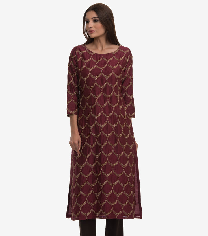 Maroon Silk Embroidered Kurta