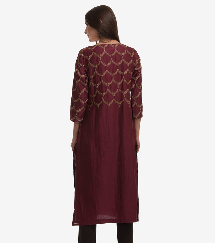 Maroon Silk Embroidered Kurta