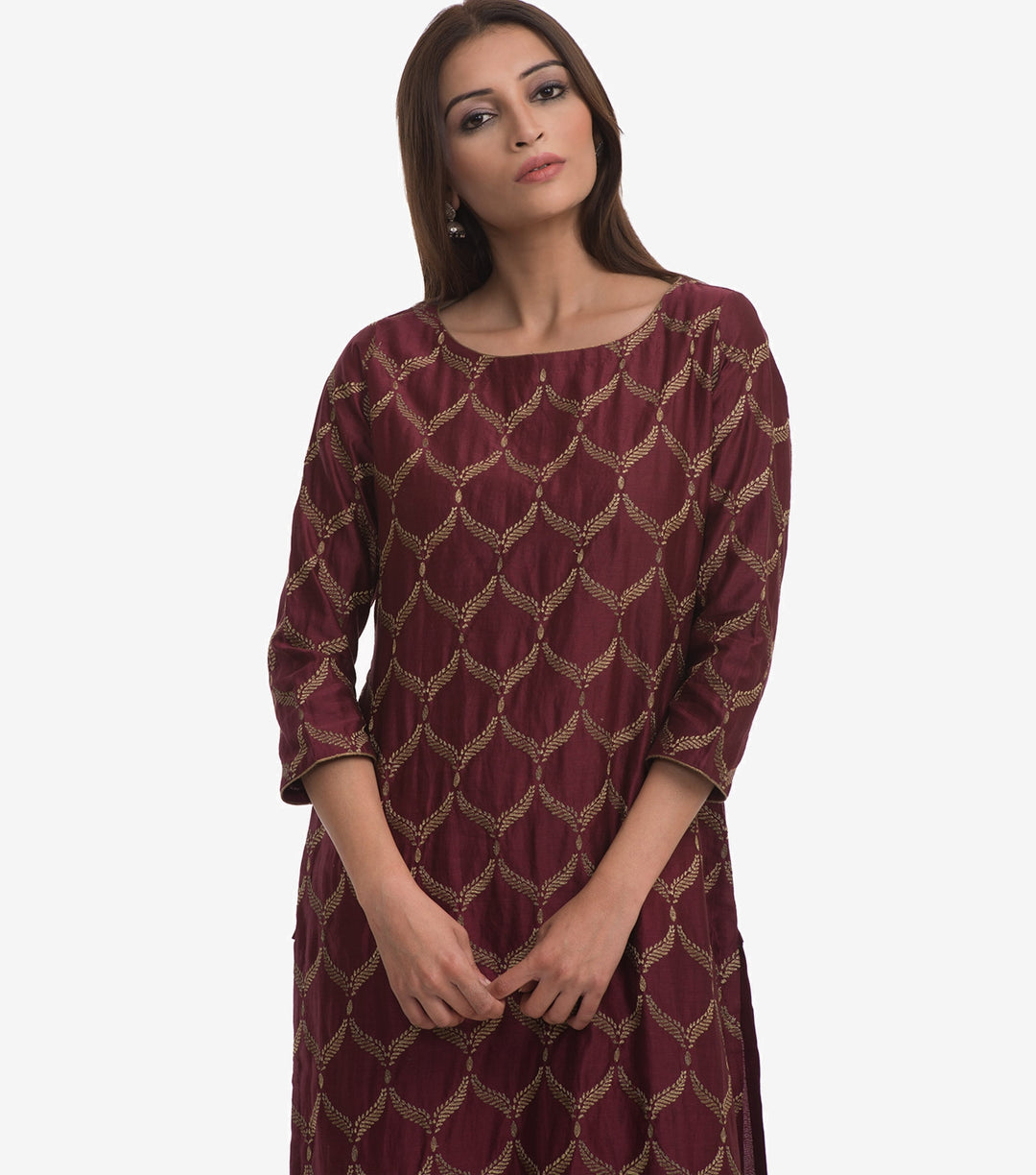 Maroon Silk Embroidered Kurta