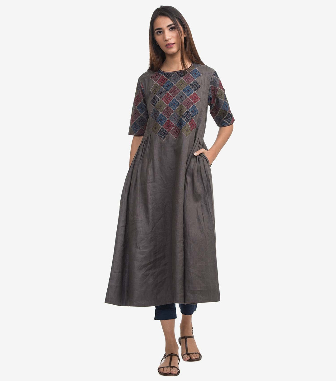 Grey linen embroidered kurta