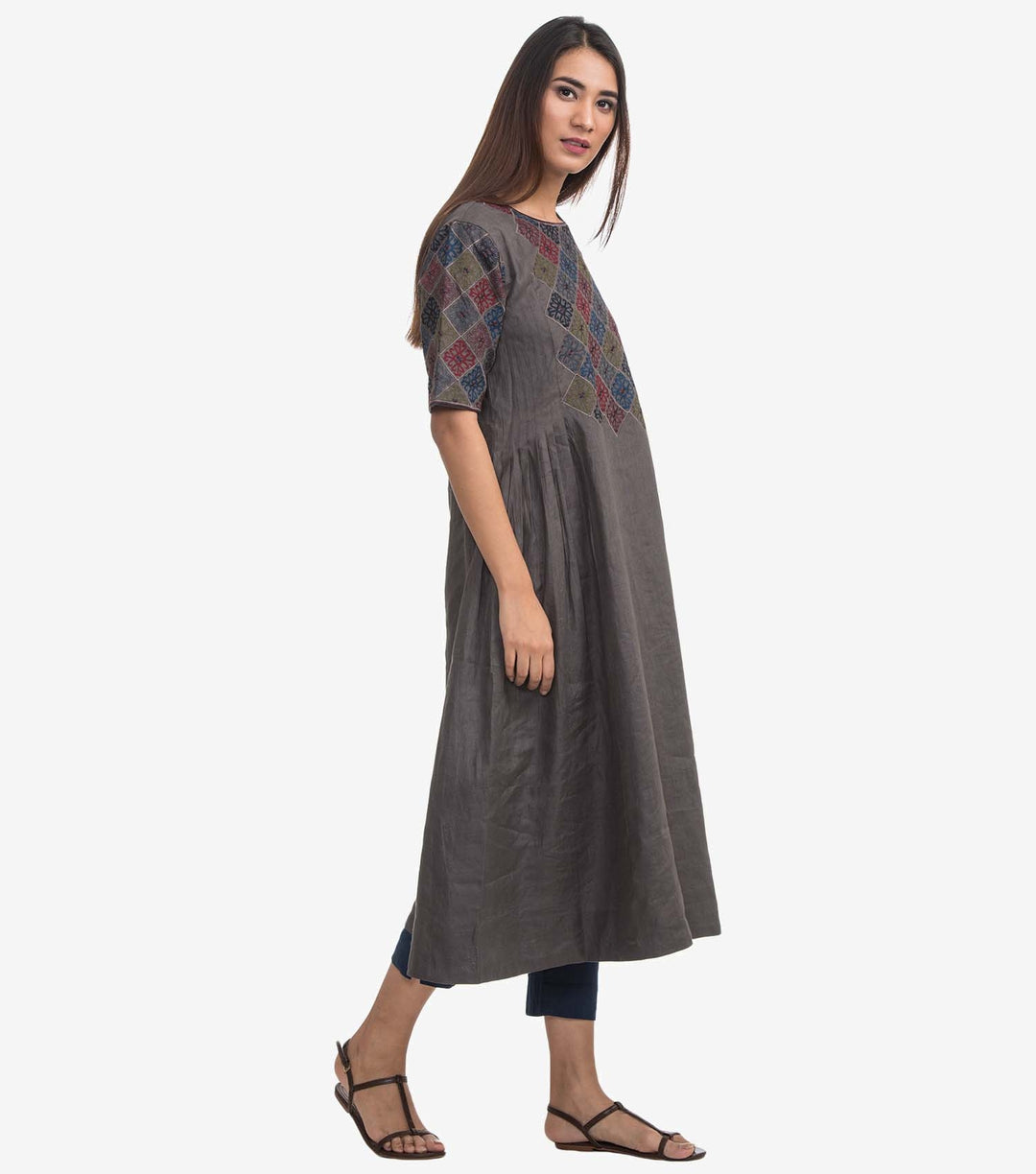 Grey linen embroidered kurta