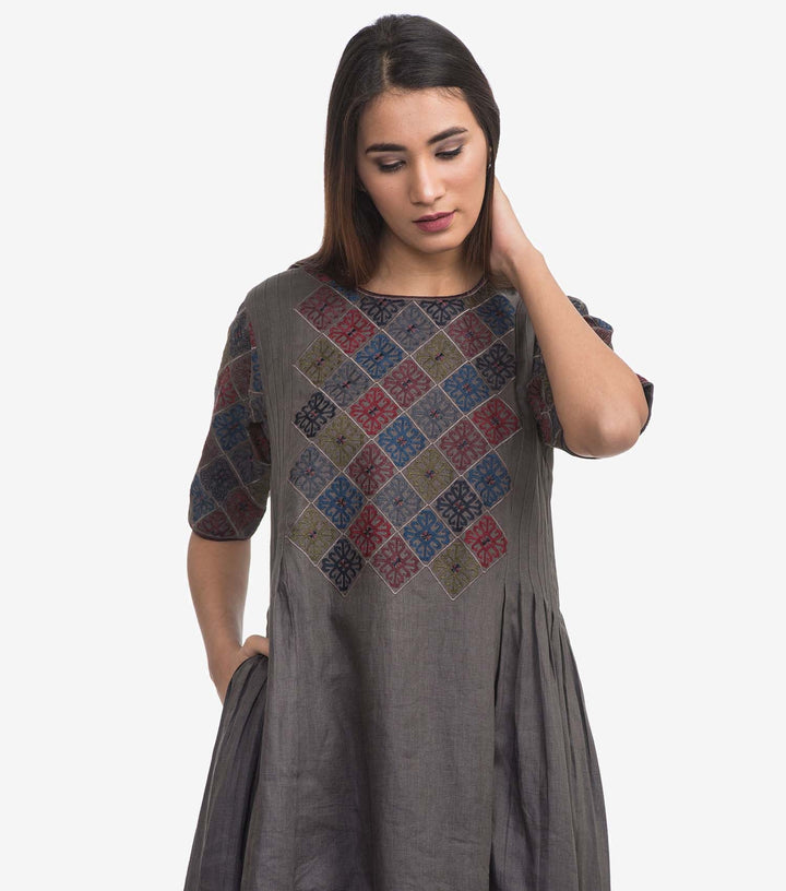 Grey linen embroidered kurta